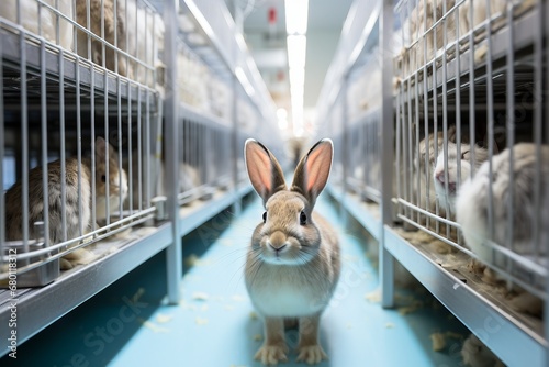 A white rabbit in the foreground with caged fellow rabbits in the rear photo