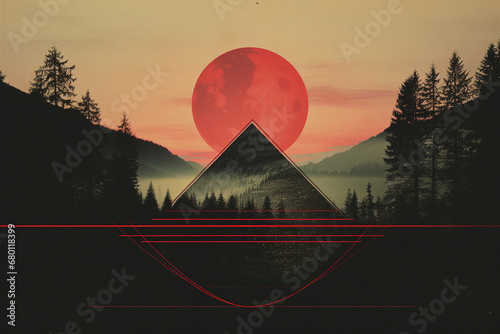 Landscape and nature concept. Surreal landscape collage illustration with red sun, forest, trees, mountains and water. Abstract and surreal style. Grunge, halftone and glitch pattern combination