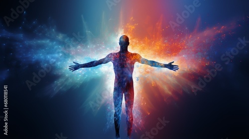 Silhouette of man radiates vibrant multicolored aura signifying fusion of physical and mental well being, sense of harmony representing unity of body and mind in achieving true health, inner glow