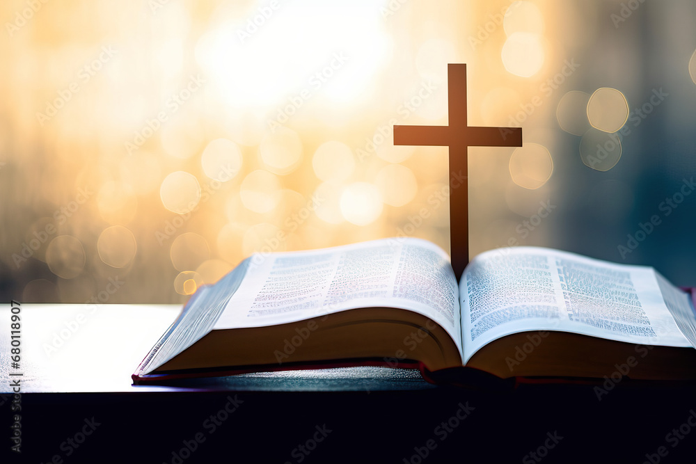 Open Bible, Illuminated Cross, and the Glistering Heavenly Light Background