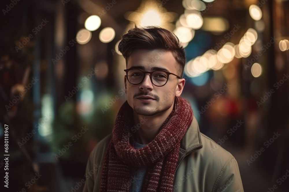 Portrait of a handsome young man in eyeglasses wearing in warm jacket and scarf on the background of Christmas lights in Christmas market, shopping mall or street Portrait of a handsome young man in eyeglasses wearing in warm jacket and scarf on the background of Christmas lights in Christmas market, shopping mall or street