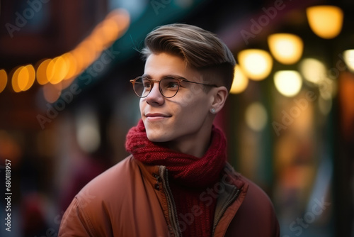 Portrait of a handsome smiling young man in glasses and a red scarf and jacket on a city street background © maxa0109
