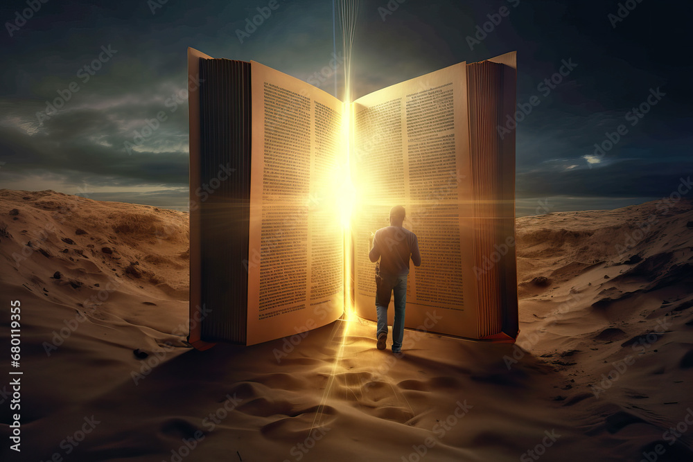 Man Walking Towards Illuminated Bible in Desert: Bible Study Concept - obrazy, fototapety, plakaty 
