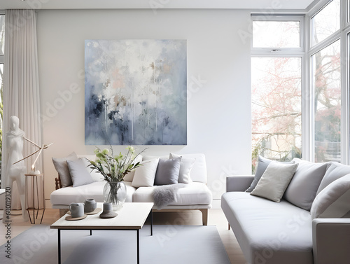 Modern grey interior design with a white sofa and oil painting on a wall © TatjanaMeininger