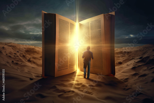 Man Walking Towards Illuminated Bible in Desert: Bible Study Concept
