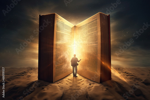 Bible Study Illustrated with Man Entering an Illuminated Bible in Desert photo