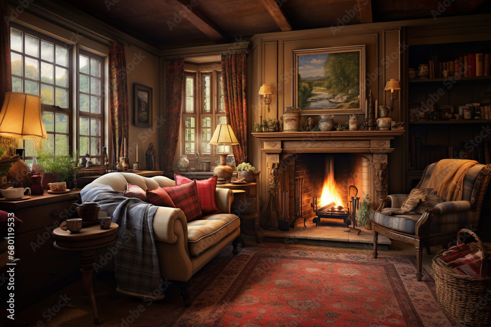The interior of the living room of the cottage in a traditional English style. AI generated. - obrazy, fototapety, plakaty 