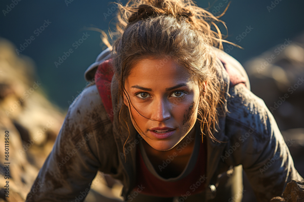 Athletic woman crouching in narrow mountain crevice. Athletic woman crouching in narrow mountain crevice.