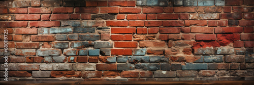 Abstract Old red brick wall background, wide panorama of masonry. High quality photo