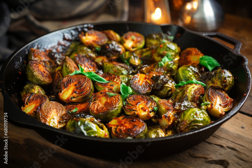 Charred brussels sprout as a restaurant menu dish. photo