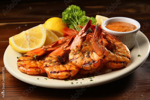 Grilled jumbo king shrimps, seafood restaurant dish with sauce. photo