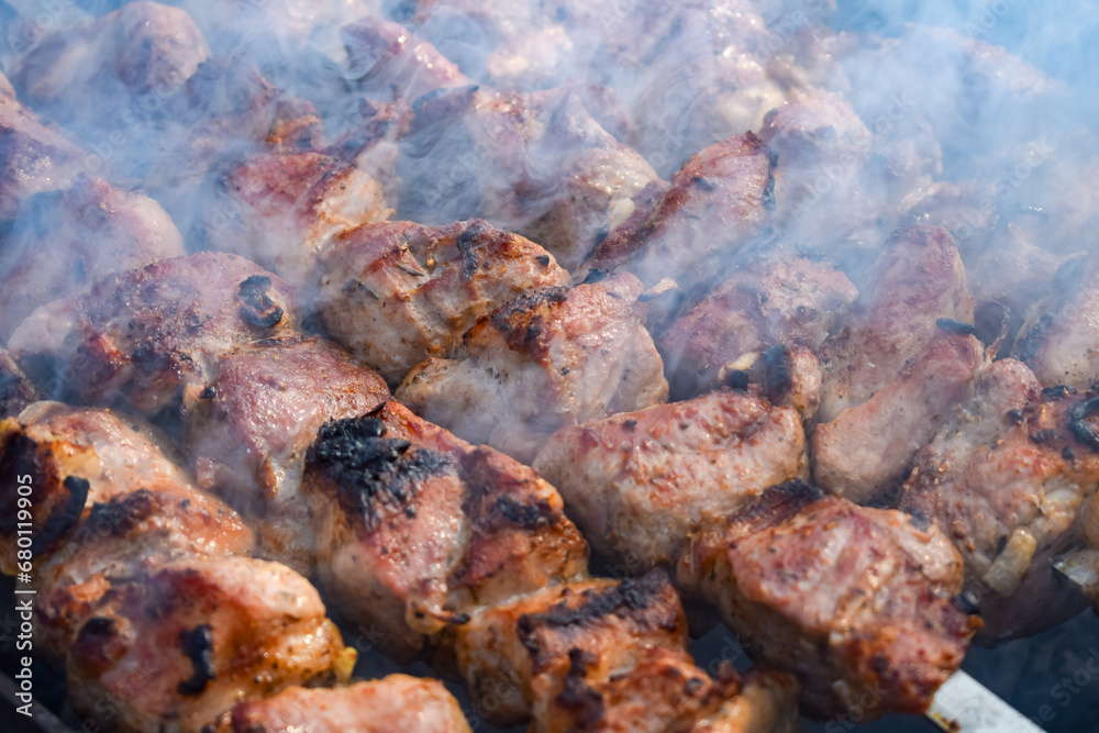 Pork meat is fried on smoking coals in the grill Pork meat is fried on smoking coals in the grill