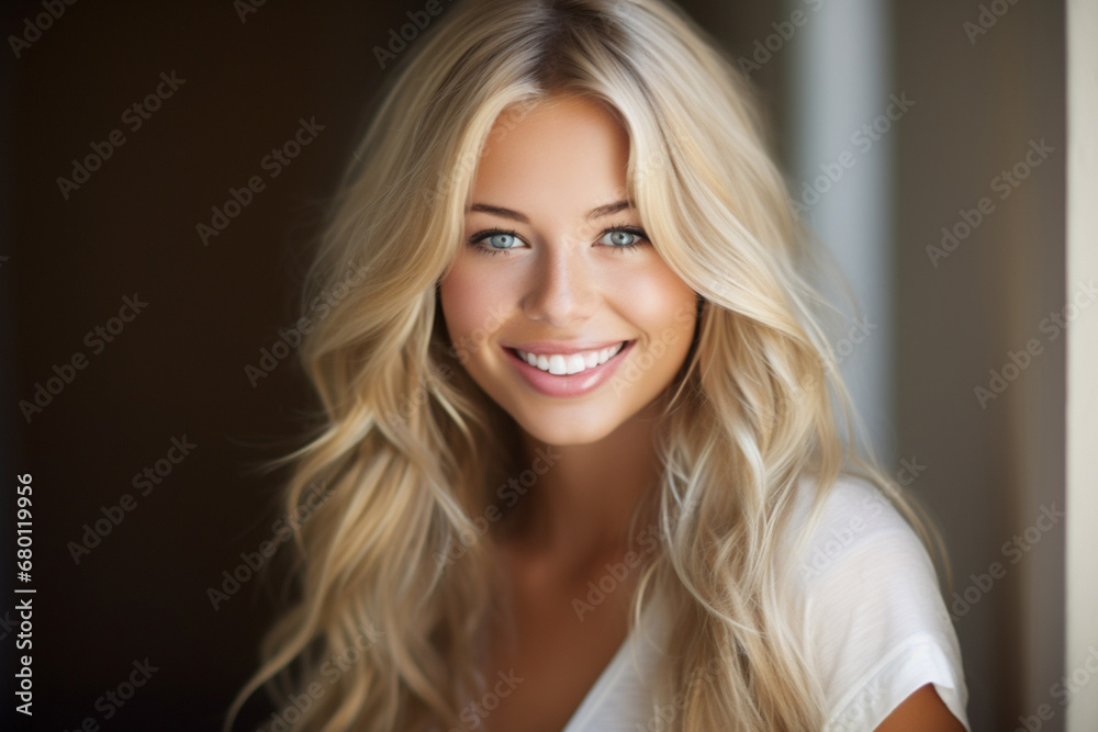 The portrait of a beautiful female model with curly blonde hair and blue eyes in white top smiles to a camera shot indoors. Generative AI. - obrazy, fototapety, plakaty 