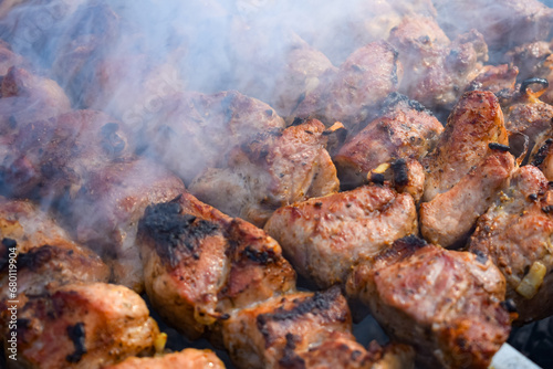 Pork meat is fried on smoking coals in the grill