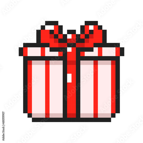 Pixel art present of gift box with bows, 8-bit present package. Pixel gift box with ribbon. Graphics for games, vector illustration in pixel art style.