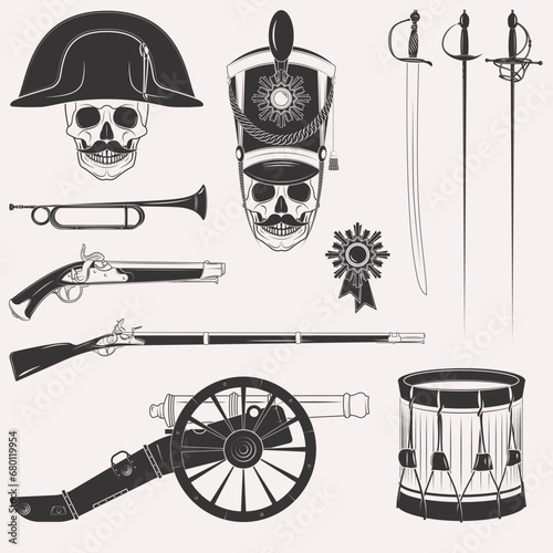 Set of vintage Napoleon Empire French Russian war uniform, equipment, weapons, horn, drum, cannon, sword, rapier, medal, skull in hats isolated on white background photo