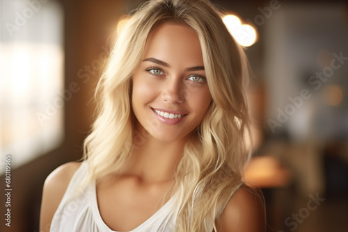 The portrait of a beautiful female model with curly blonde hair and blue eyes in white top smiles to a camera shot indoors. Generative AI.