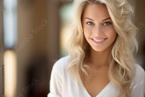 The portrait of a beautiful female model with curly blonde hair and blue eyes in white top smiles to a camera shot indoors. Generative AI.