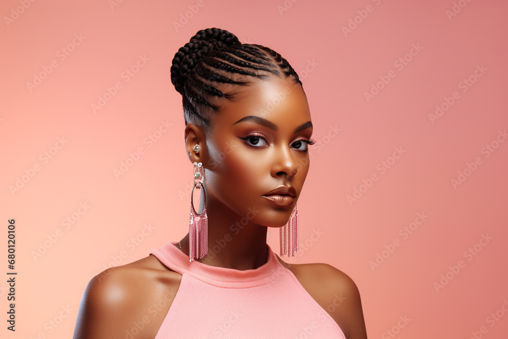 The portrait of an attractive young black female model in pink outfit  with braids hairstyle and full makeup isolated on a pink background, shot in a studio. Generative AI. - obrazy, fototapety, plakaty 