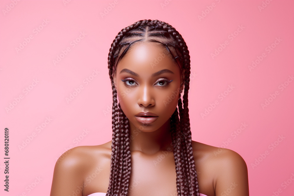 © Surachetsh - The portrait of an attractive young black female model in pink outfit with braids hairstyle and full makeup isolated on a pink background, shot in a studio. Generative AI. © Surachetsh - The portrait of an attractive young black female model in pink outfit with braids hairstyle and full makeup isolated on a pink background, shot in a studio. Generative AI.