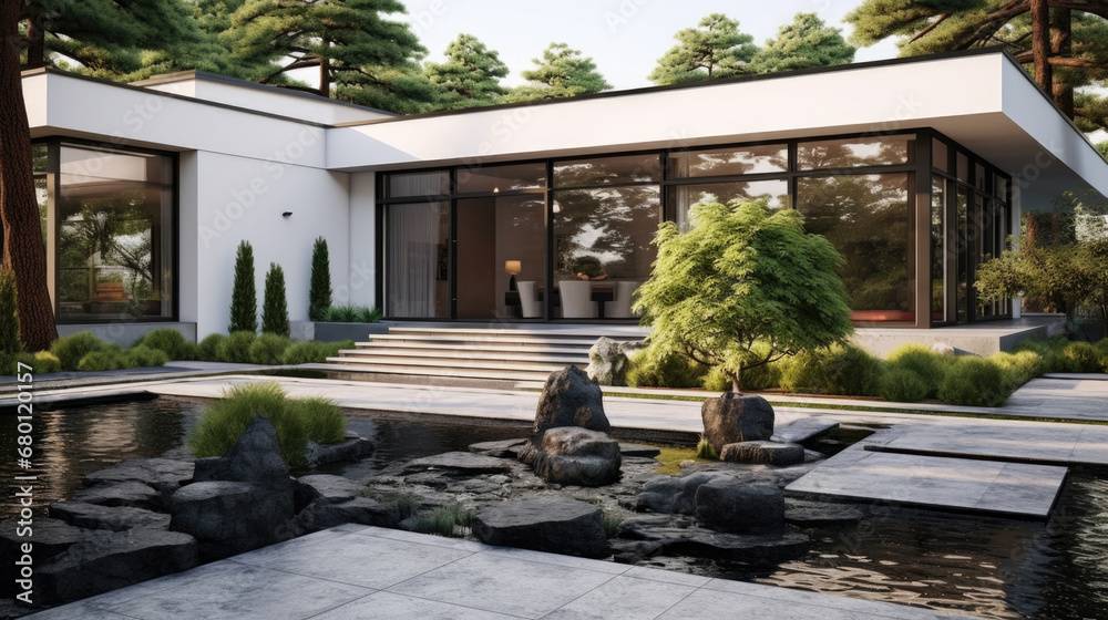 Modern house cottage, minimalistic design exterior. pond lilies