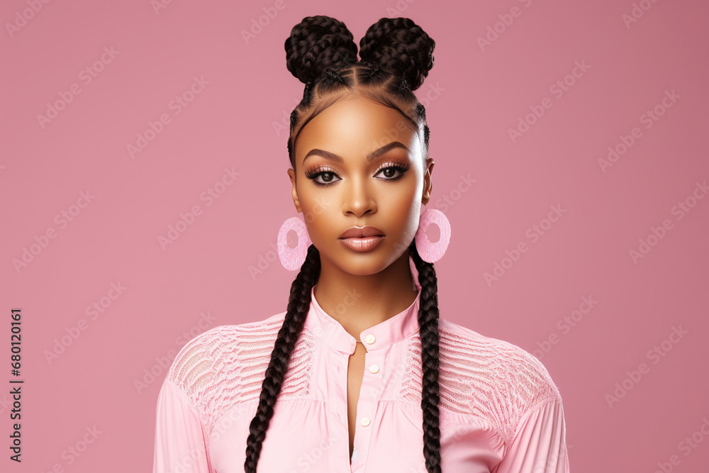 The portrait of an attractive young black female model in pink outfit  with braids hairstyle and full makeup isolated on a pink background, shot in a studio. Generative AI.