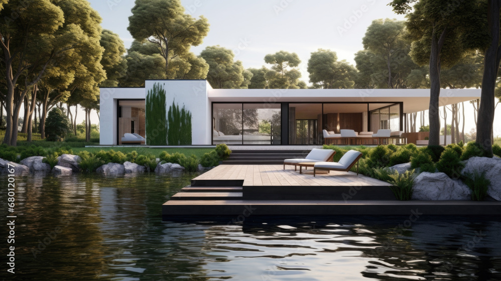 Modern house cottage, minimalistic design exterior. pond ladder