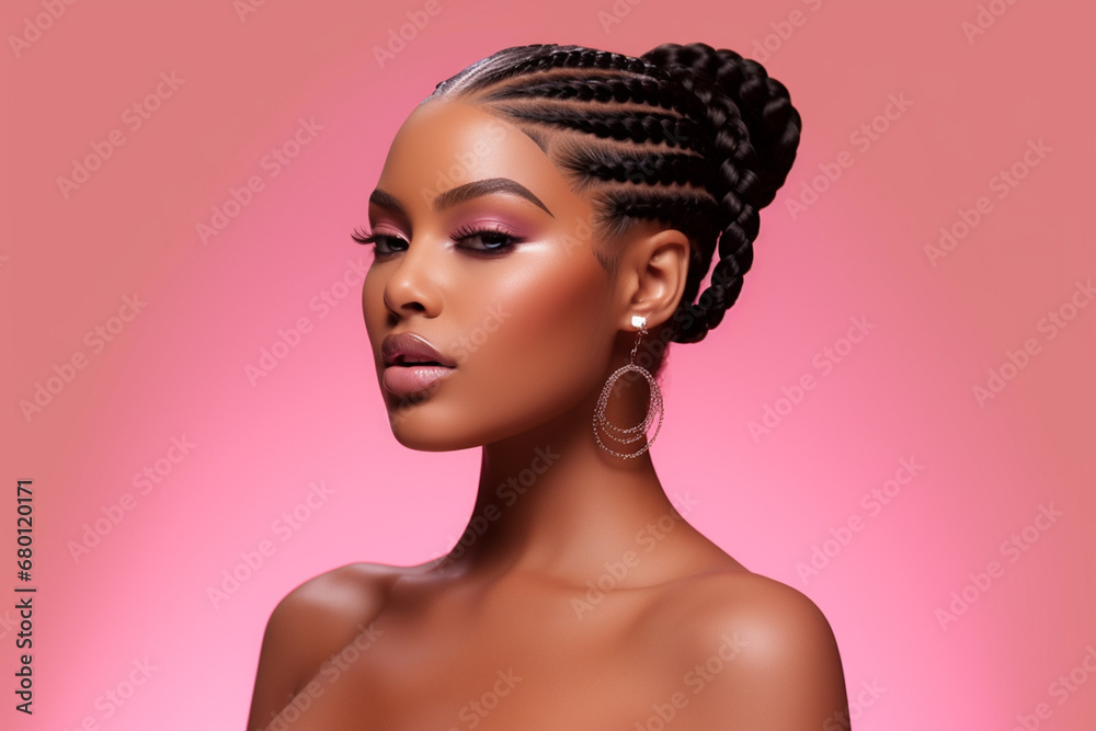 Obraz na płótnie The portrait of an attractive young black female model in pink outfit  with braids hairstyle and full makeup isolated on a pink background, shot in a studio. Generative AI. w salonie