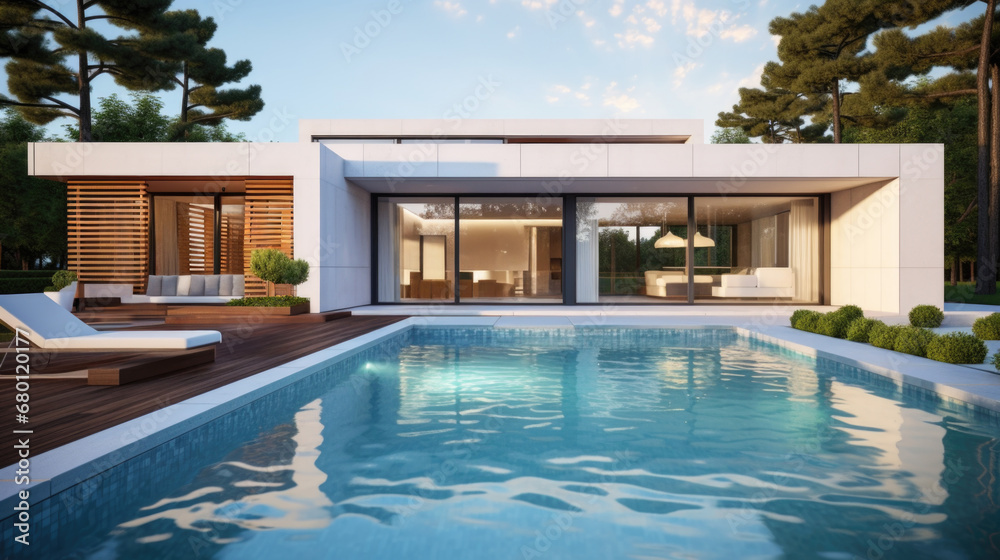 Modern house cottage, minimalistic design exterior. pool summer