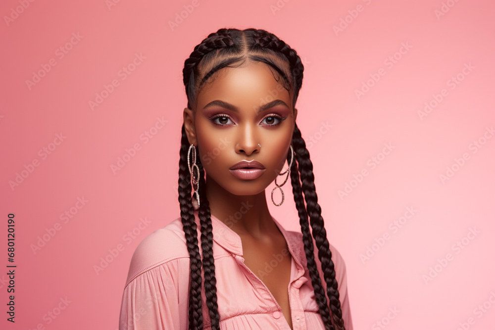 The portrait of an attractive young black female model in pink outfit with braids hairstyle and full makeup isolated on a pink background, shot in a studio. Generative AI. The portrait of an attractive young black female model in pink outfit with braids hairstyle and full makeup isolated on a pink background, shot in a studio. Generative AI.