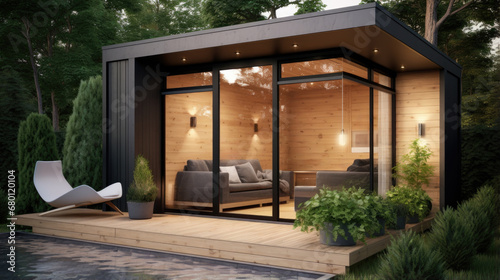 Modern house Backyard cottage, minimalistic design exterior. Bushes © Valeriia