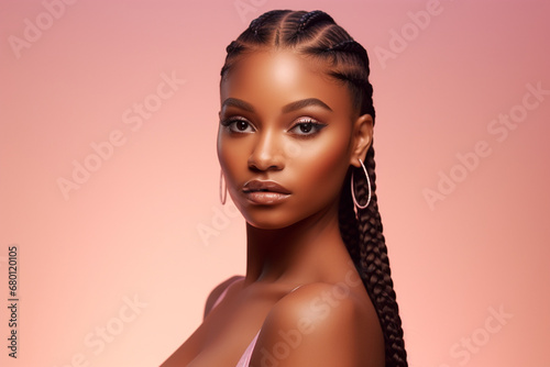 The portrait of an attractive young black female model in pink outfit  with braids hairstyle and full makeup isolated on a pink background, shot in a studio. Generative AI.