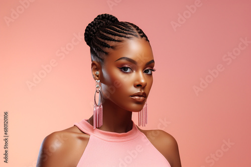 Fototapeta samoprzylepna The portrait of an attractive young black female model in pink outfit  with braids hairstyle and full makeup isolated on a pink background, shot in a studio. Generative AI.