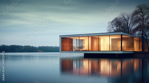 Modern house cottage, minimalistic design exterior. lake, evening river © Valeriia