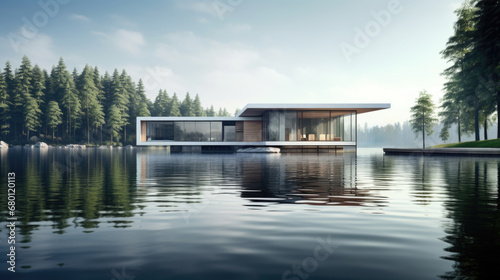 Modern White house cottage, minimalistic design exterior. lake, river