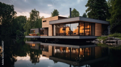 Modern house cottage, minimalistic design exterior. lake, pond