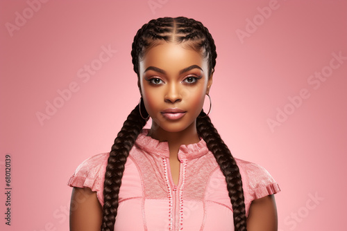 The portrait of an attractive young black female model in pink outfit with braids hairstyle and full makeup isolated on a pink background, shot in a studio. Generative AI.