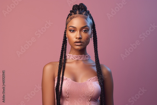 The portrait of an attractive young black female model in pink outfit  with braids hairstyle and full makeup isolated on a pink background, shot in a studio. Generative AI.