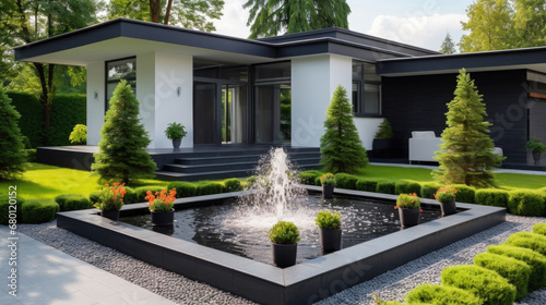 Modern house cottage  minimalistic design exterior. fountain juniper