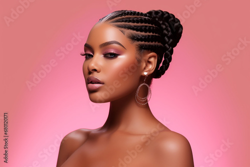 The portrait of an attractive young black female model in pink outfit  with braids hairstyle and full makeup isolated on a pink background, shot in a studio. Generative AI. photo