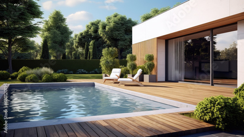 Modern house cottage, minimalistic design exterior. pool lateral © Valeriia