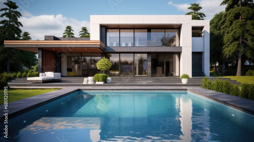 Modern domestic house cottage, minimalistic design exterior. pool