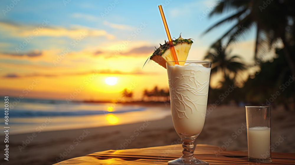 Pina colada cocktail on the beach at sunset created with Generative AI technology - obrazy, fototapety, plakaty 