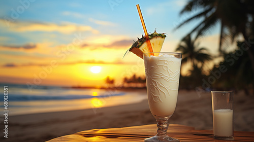 Pina colada cocktail on the beach at sunset created with Generative AI technology
