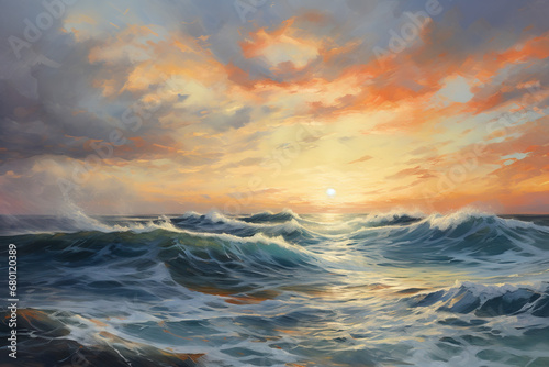 Luminoscent waves in the ocean glittering on the bright sky with the sun shining.