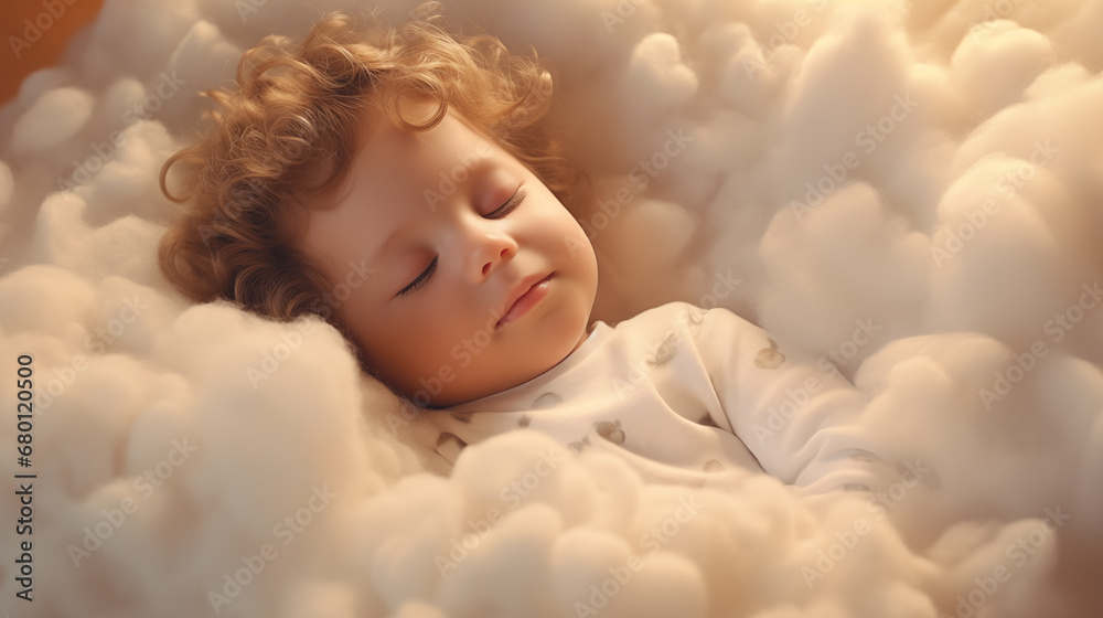 A little child sleeps on a soft, comfortable cloud. The comfort of a deep sleep