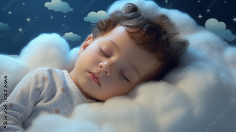 A little child sleeps on a soft, comfortable cloud. The comfort of a deep sleep A little child sleeps on a soft, comfortable cloud. The comfort of a deep sleep