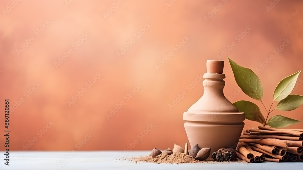 Selective focus isolated pastel background Copy space leaves with miniature bottle containing traditional perfume or oil along with sticks  - obrazy, fototapety, plakaty 