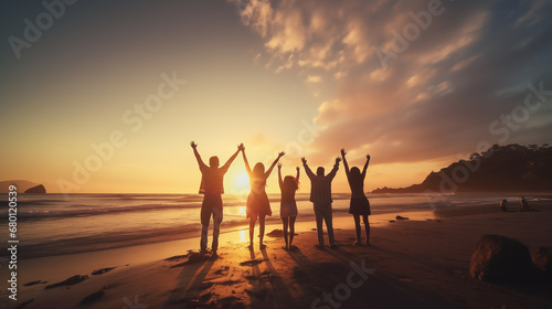 Group of happy friends on the beach, hands raised, sunset light