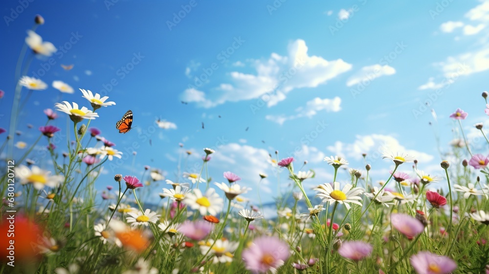 Nature's Summer Symphony: Wildflower Meadow in Full Bloom with Butterflies and Bees Nature's Summer Symphony: Wildflower Meadow in Full Bloom with Butterflies and Bees